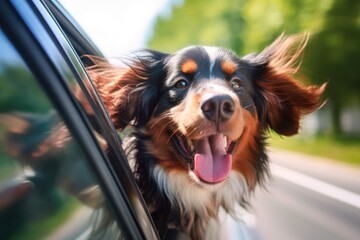 Happy dog looks out of the car window. Traveling with a pet.