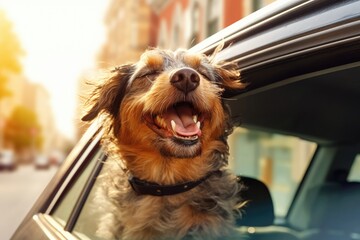 Happy dog looks out of the car window. Traveling with a pet.