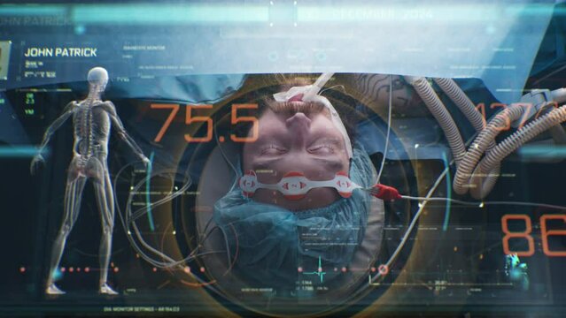 Man under anesthesia lies during surgery in modern hospital operating room. In the foreground 3D graphics of virtual hologram showing patient condition, vital signs and cardiogram. VFX animation.
