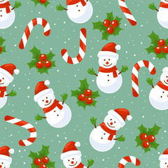 Christmas seamless pattern. Colorful background includes snowman, candy cane, holly berries, snow. Festive, winter pattern. Cartoon. Vector illustration.
