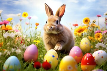Easter bunny and colorful eggs on green grass with flowers background.