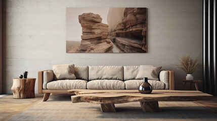 rustic modern living room interior with sofa live edge wooden table