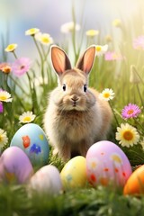 Easter bunny and colorful eggs on green grass with flowers background.