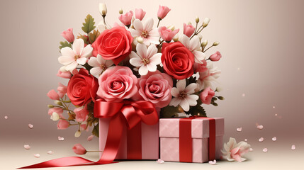 Gift box and Valentine's Day flowers vector with background
