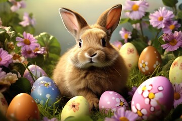 Fototapeta na wymiar Easter bunny and colorful eggs on green grass with flowers background.