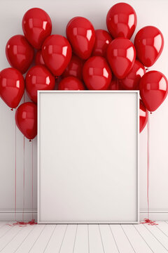 Blank white picture frame on the floor with bright red balloons, mockup