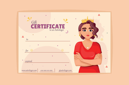 Gift certificate for a consultation with an astrologer. Concept of esotericism and psychology. Beautiful girl astrologer in a crown. Stock vector illustration.