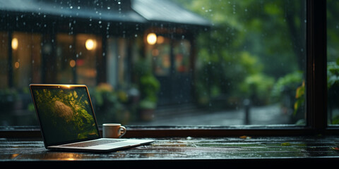 Cinematic photo, rainy day outside the window, laptop on the table - obrazy, fototapety, plakaty
