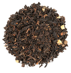 Pile leaf tea with various additives isolated on white background, top view. Heap of dried tea