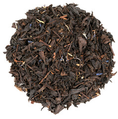 Pile leaf tea with various additives isolated on white background, top view. Heap of dried tea