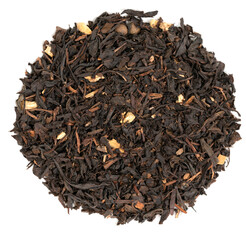 Pile leaf tea with various additives isolated on white background, top view. Heap of dried tea