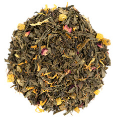 Pile leaf tea with various additives isolated on white background, top view. Heap of dried tea