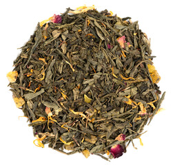 Pile leaf tea with various additives isolated on white background, top view. Heap of dried tea