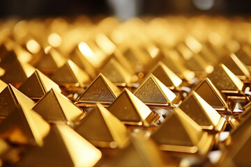Pyramids out of golden material used for decoration, background helpful for financial topics - obrazy, fototapety, plakaty
