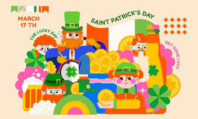 Bright modern illustration for St. Patrick's Day. A jolly gnome, leprechauns, shamrocks, beer, lots of shiny gold in a pot. Get into the holiday spirit with green and Irish colors.