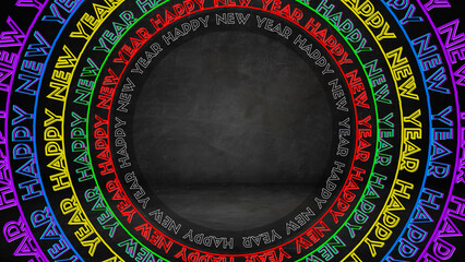 Fototapeta premium Colorful Typography Circle Happy New Year Neon Effect, with Copy Space Area in the Middle.