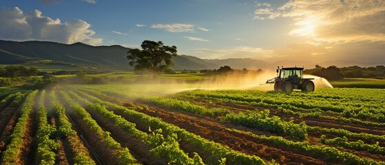 In the backdrop of a stunning sky, a tractor is seen spraying water or pesticide fertiliser on a...