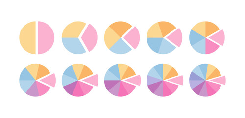 Piechart with segments. Slices section template. Circular structure chart divided into multicolor segments. Circle graph. Pie diagram. Set schemes with sectors. Vector illustration