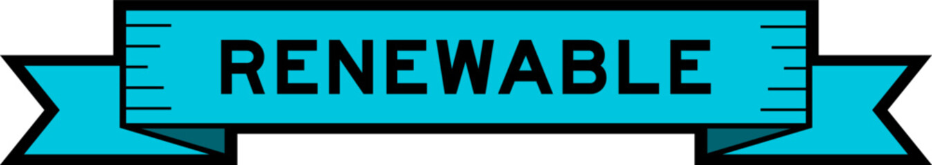 Ribbon label banner with word renewable in blue color on white background