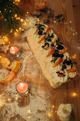 Christmas cake on table with decoration