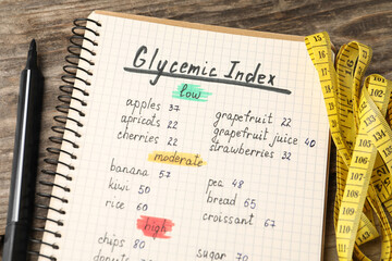 List with products of low, moderate and high glycemic index in notebook, marker and measuring tape...
