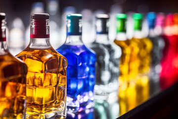 Row of colorful bottles of alcohol on ice cubes
