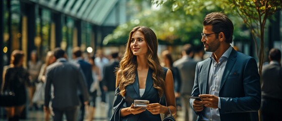 People conducting business in a hallway while conversing. - obrazy, fototapety, plakaty