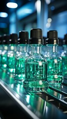 Close-up of a pharmaceutical factory's modern background with a production line for medical ampoules. industrial conception of science and engineering..