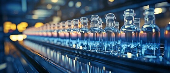 Close-up of a pharmaceutical factory's modern background with a production line for medical ampoules. industrial conception of science and engineering.. - obrazy, fototapety, plakaty