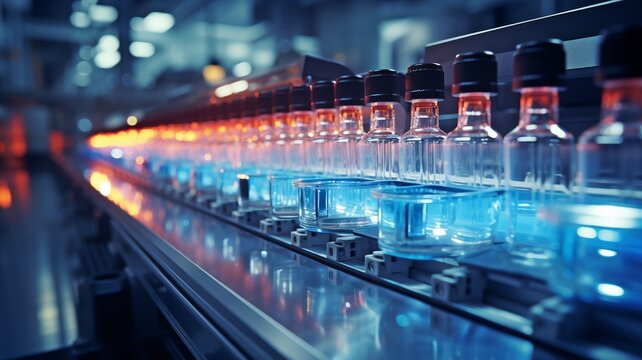 Close-up Of A Pharmaceutical Factory's Modern Background With A Production Line For Medical Ampoules. Industrial Conception Of Science And Engineering..