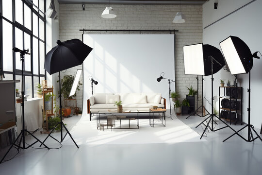Photography studio with a light set-up and backdrop