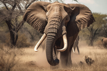 A big bull elephant with huge tusks charges head on with his ears - obrazy, fototapety, plakaty