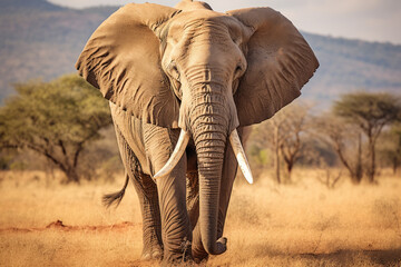 Fototapeta na wymiar A big bull elephant with huge tusks charges head on with his ears