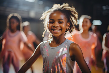 Joyful African girl dancing with friends showcasing vibrant culture and diversity in a leisure...