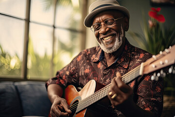 Elderly African American man enjoying music playing guitar in a cozy indoor setting senior lifestyle entertainment and leisure concept