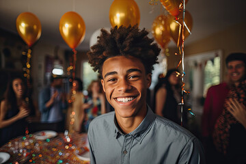Smiling African American teenager at a vibrant and joyful birthday party celebration with friends and festive decorations in a warm home atmosphere - obrazy, fototapety, plakaty