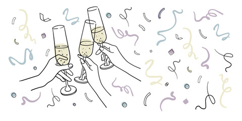 Continuous line yellow champagne cheers one line art, continuous drawing contour on white background. 3 Wine glasses with drinks. Cheers toast festive decoration for holidays. Vector illustration