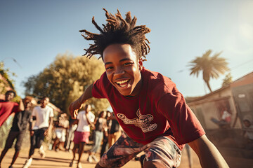 Smiling African American teen running with friends on a sunny day conveying energy joy and community