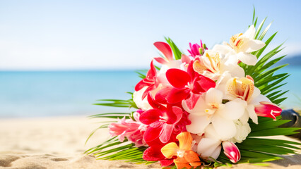 Tropical wedding bouquet with mix of red roses, white calla lilies, and pink orchids on sandy...
