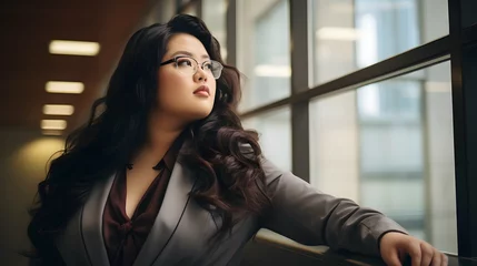 Fotobehang Plus size beautiful business woman model in a suit, in the office, window in the background © Filip