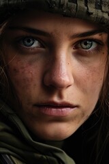 closeup portrait of a female soldier - woman fighting in war