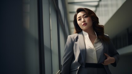 Fototapeta premium Plus size beautiful business woman model in a suit, in the office, window in the background