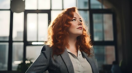 Plus size beautiful business woman model in a suit, in the office, window in the background