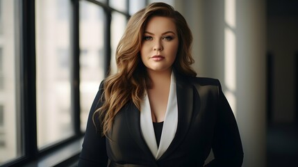 Fototapeta premium Plus size beautiful business woman model in a suit, in the office, window in the background