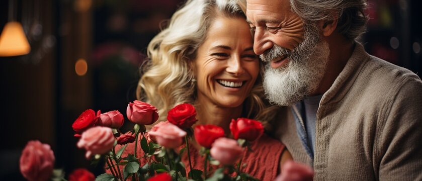 Valentine's Day photo: contented older woman gazing at beau while holding flowers.