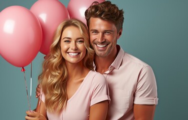 Laughing youthful couple on colourful background with balloons in the shape of hearts.