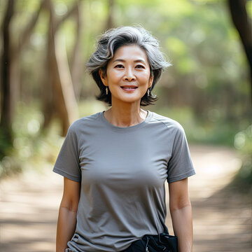 Portrait of a smiling Asian woman enjoying a serene walk in nature showcasing wellness and a healthy lifestyle for casual outdoor apparel ads or lifestyle magazines