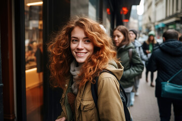 Felicidad Urbana: Joven Mujer Disfrutando un Paseo Sonriente por la Ciudad - obrazy, fototapety, plakaty