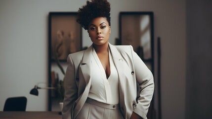 Plus size business woman model in a suit, in office, african american girl