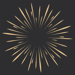 Obraz premium Golden Fireworks, rays, sunburst frames circle border decoration, sparkle in doodle style, line sketch explosion isolated on dark background.